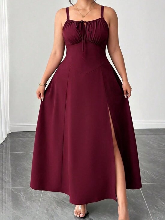 Dresses & Skirts - Burgundy Casual Women's Slim Fit Puff Sleeve High-Waisted Long Dress